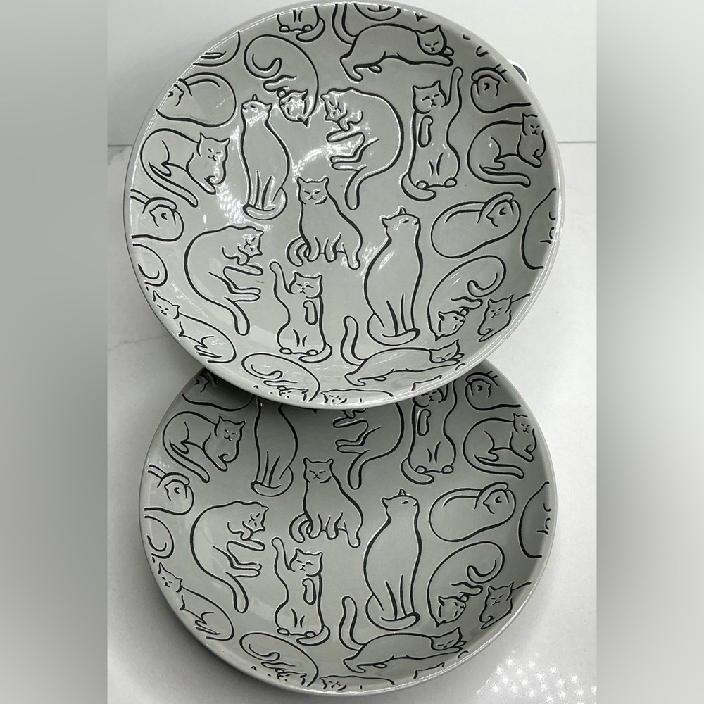 2 Signature Cat Pet Bowl Plate Food Dish Plate Adorable Gray 6” New